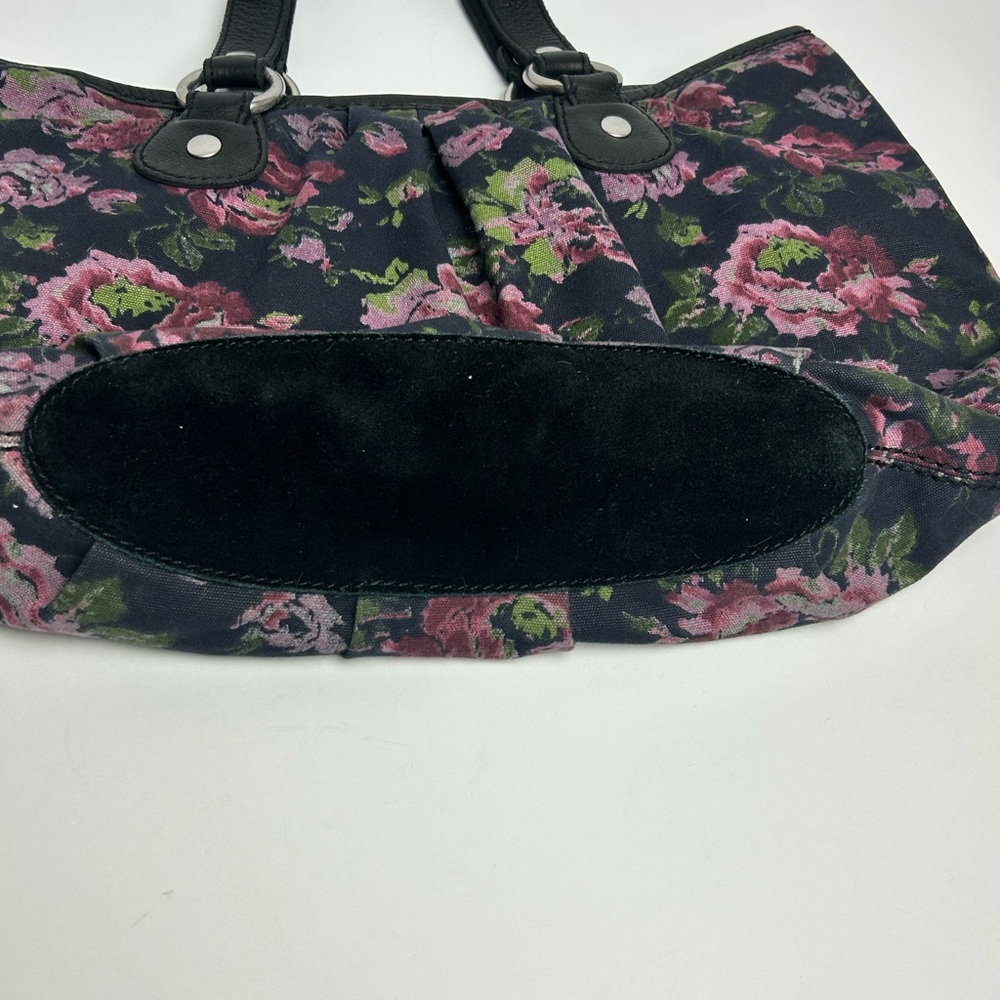 Vintage LUCKY Hobo Floral Cotton Black Tote Bag Leather Trim and Straps - Picture 4 of 12